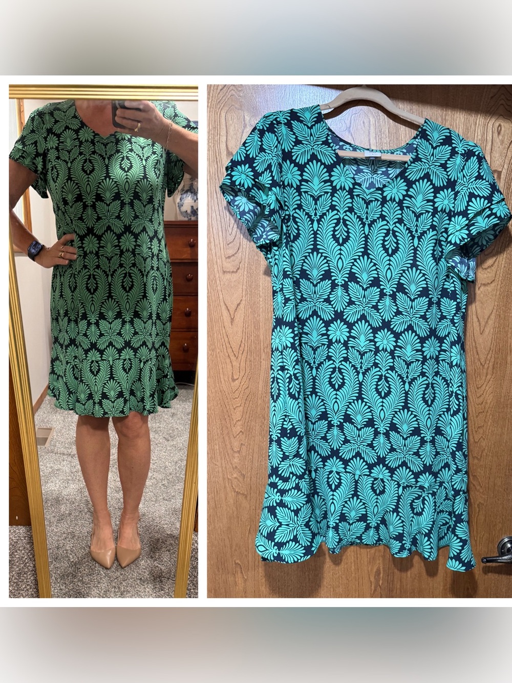 CAbi Green and Black Graphic Leaf Shift Dress